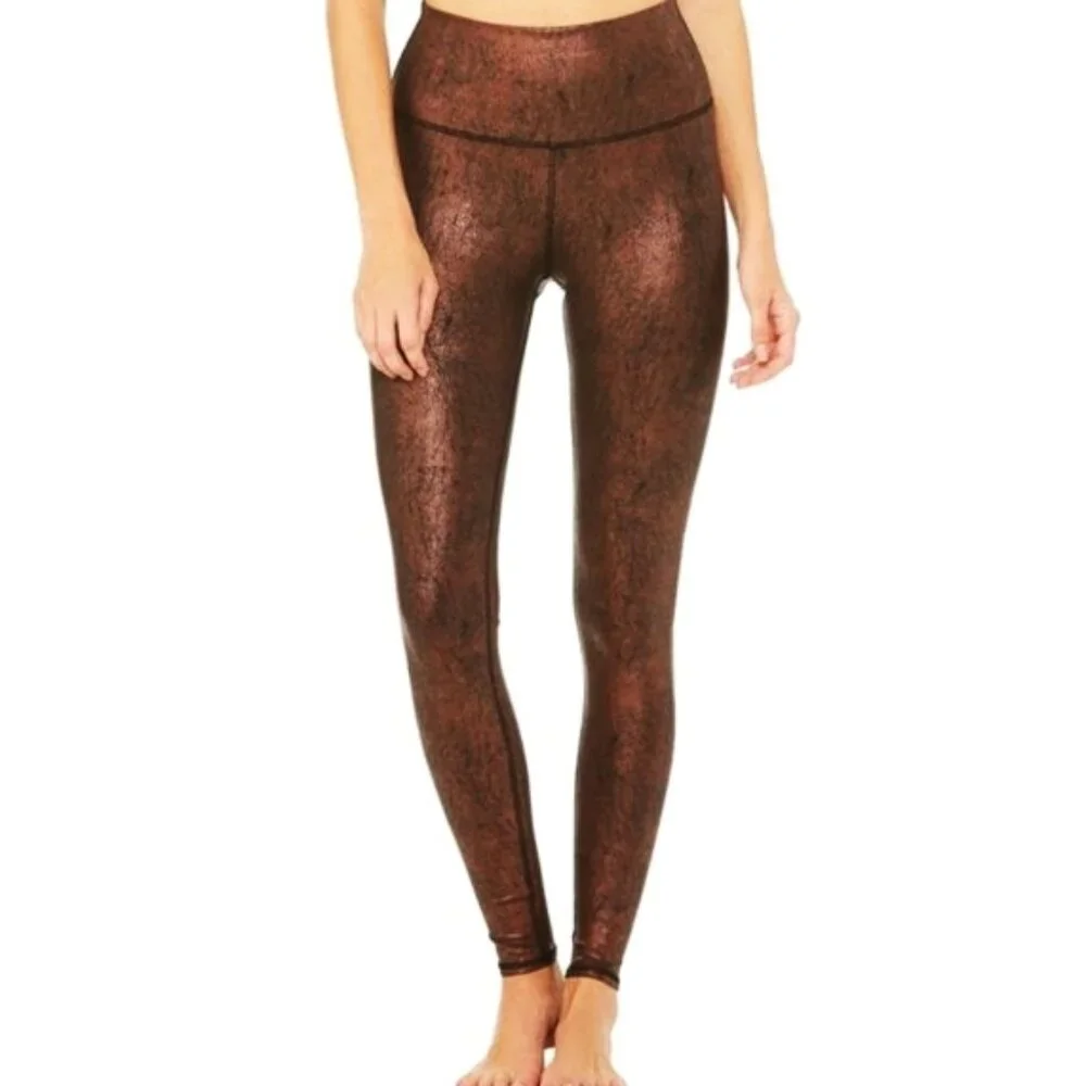 Alo High-Waist Airbrush Leggings Copper Metallic Black Hi-Rise Bronze Leather XS